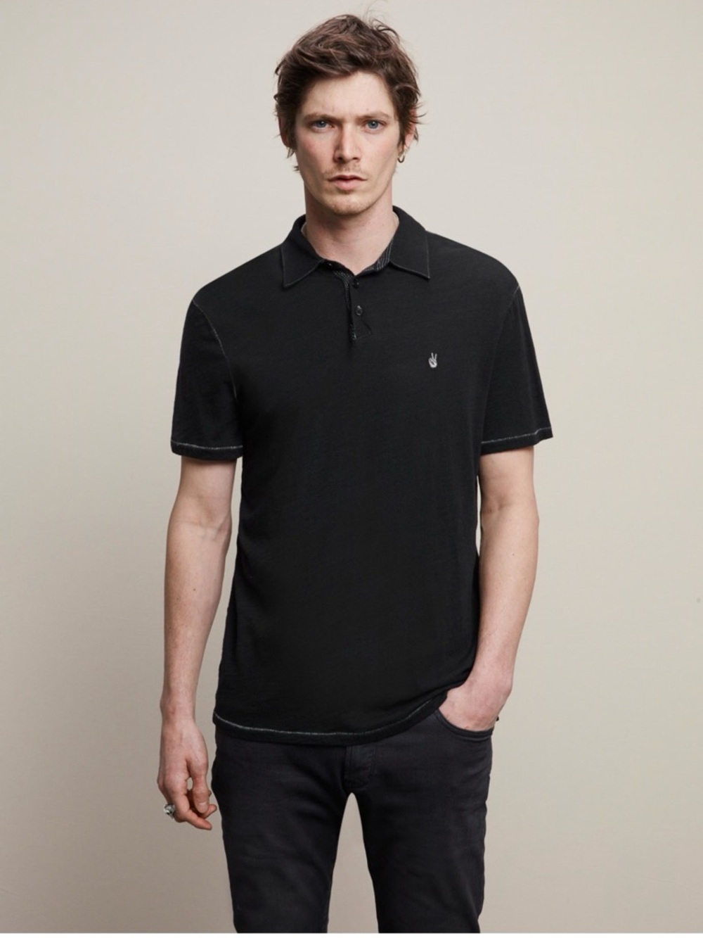 John Varvatos USA Peace Sign Polo Shirt Black Contrast Stitch Cotton Size Large